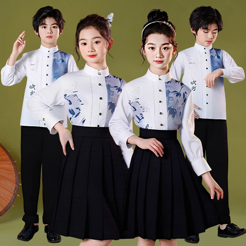 新款朗诵演出服装儿童合唱女童中国风小学生诗歌演讲比赛礼服班服