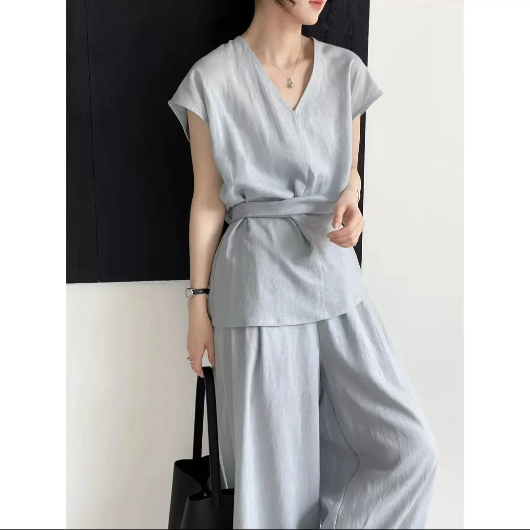 【一知宋】韩系 V 领小飞袖收腰设计感绑带小衫+高腰阔腿裤两件套