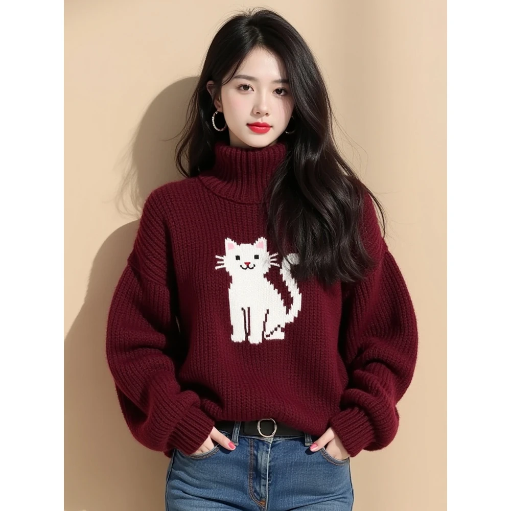 毛衫毛衣小猫高领加厚秋冬针织衫女2025新款加绒半多巴胺韩系红色