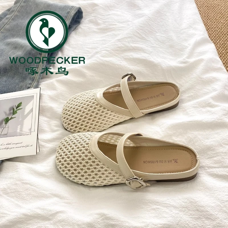 啄木鸟镂空包头半拖鞋女夏外穿2025新款软平底网面一脚蹬凉拖鞋