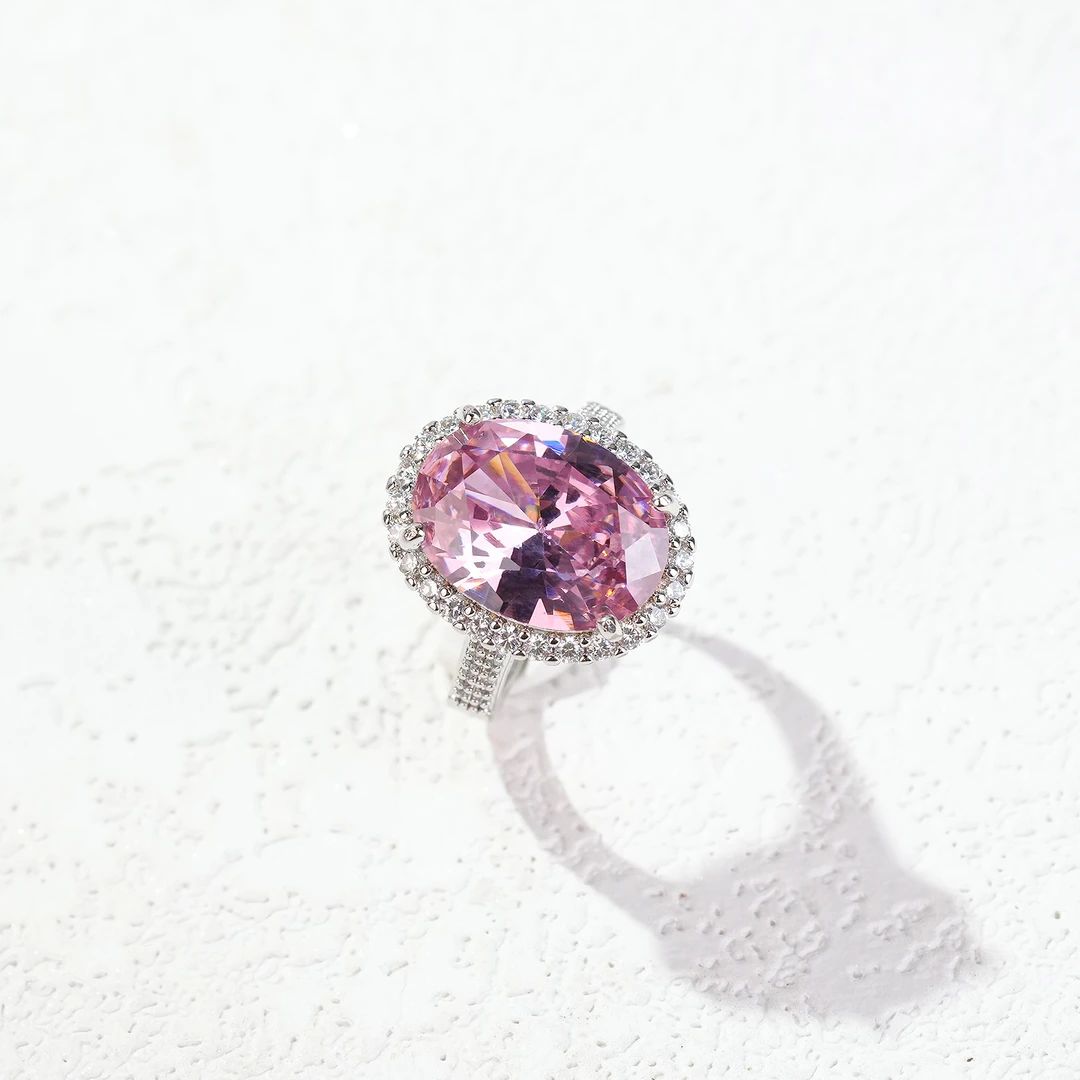 铜合金合成锆石戒指 气质轻奢时尚彩色镶嵌粉红戒指指环7170-3