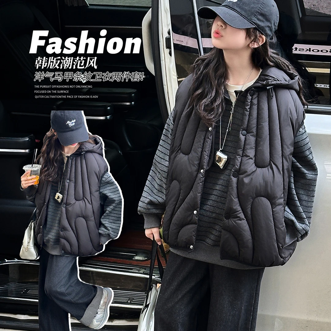 女童韩系绗棉加厚马甲秋冬新款条纹卫衣两件套中大童加棉保暖套装