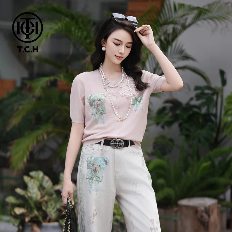 TCH烫钻工艺新时尚淑女百搭新潮流开衫女T75B43E5002轻奢tch