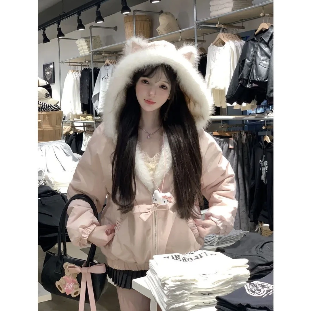 G反叛小乖网红冬季猫耳朵毛领甜美连帽保暖加厚外套双面穿棉服女