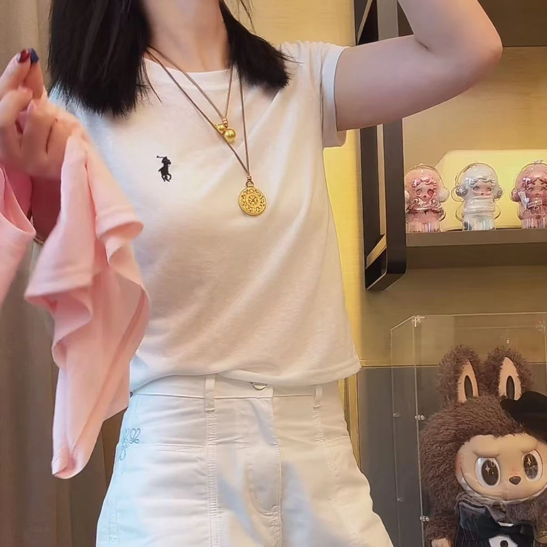 百搭刺绣小马骑士短袖上衣女2025新款圆领简约气质显瘦通勤上衣