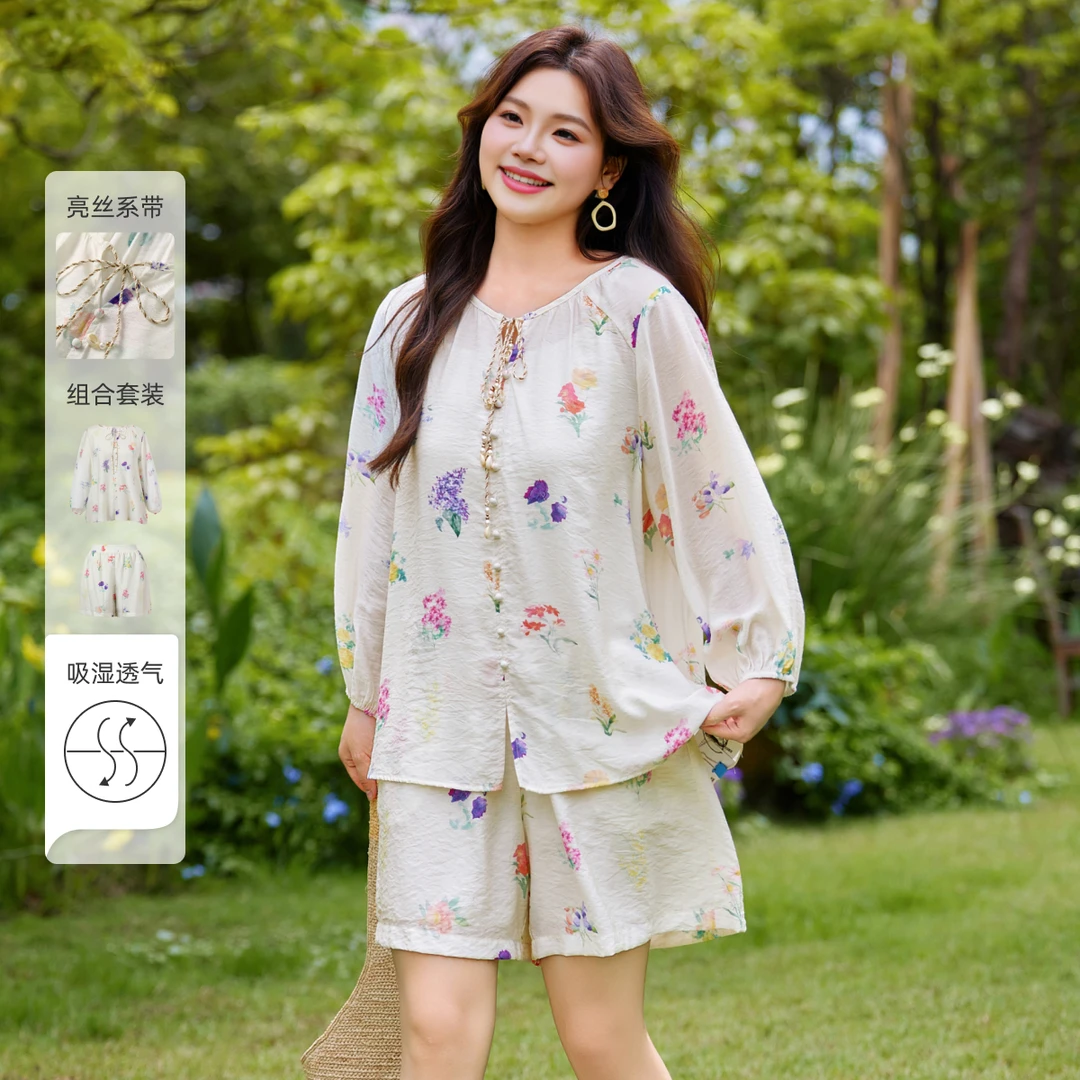 MsShe大码女装夏装法式复古印花V领衬衫松紧腰短裤套装E2504022