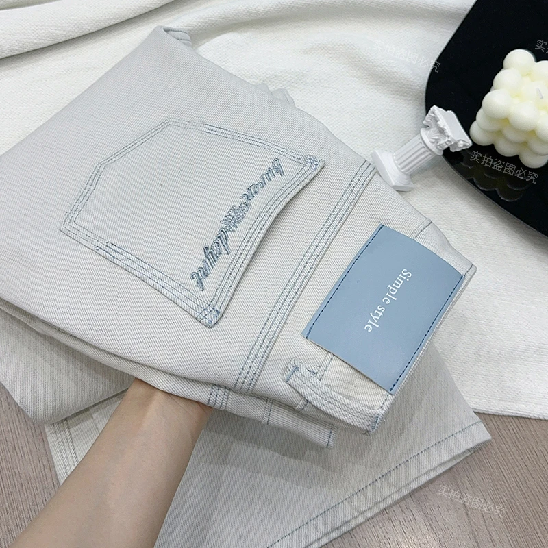 奶奶灰双色特织面料直筒牛仔2025秋季新款小众高腰显瘦阔腿裤537