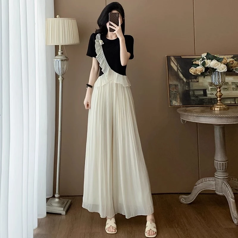 黑色拼接荷叶边上衣套装小个子一整套穿搭阔腿裤女夏日绝美两件套