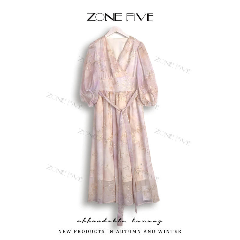 【zonefive】2025轻薄至柔秘韵V领显瘦绑带设计春季连衣裙