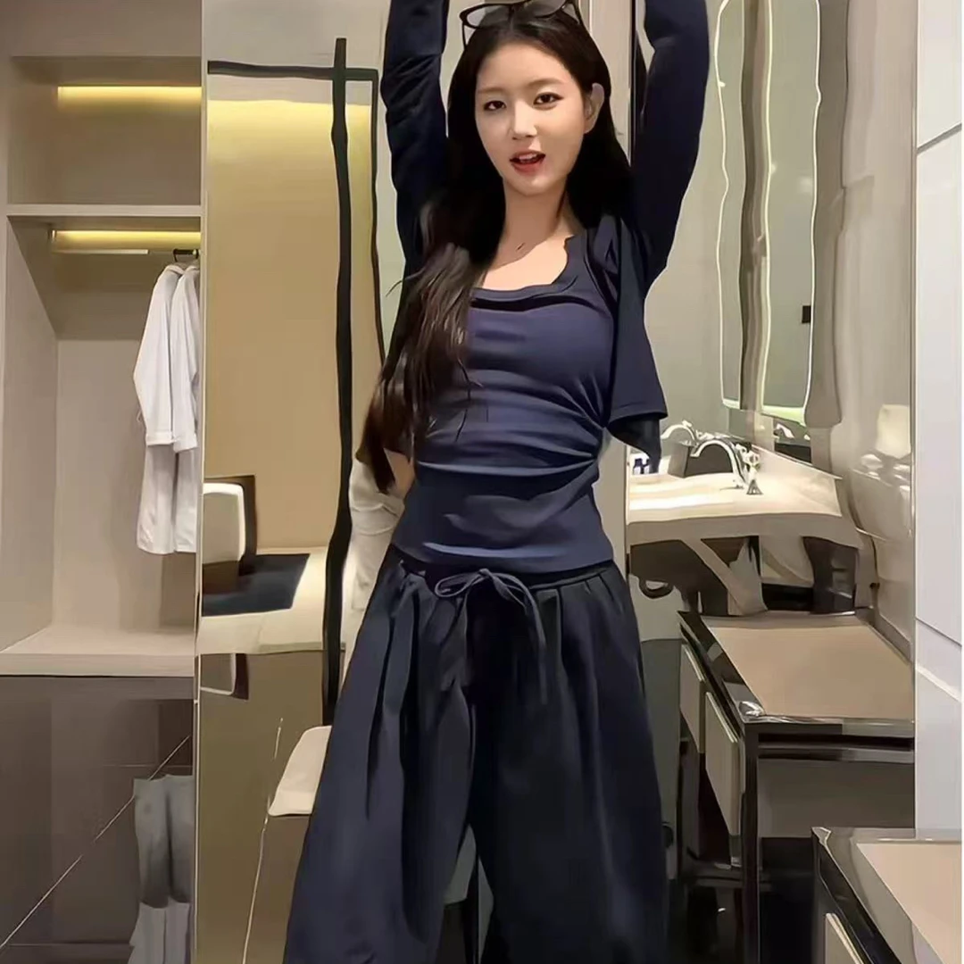 美式休闲慵懒风吊带+长袖开衫+阔腿裤三件套