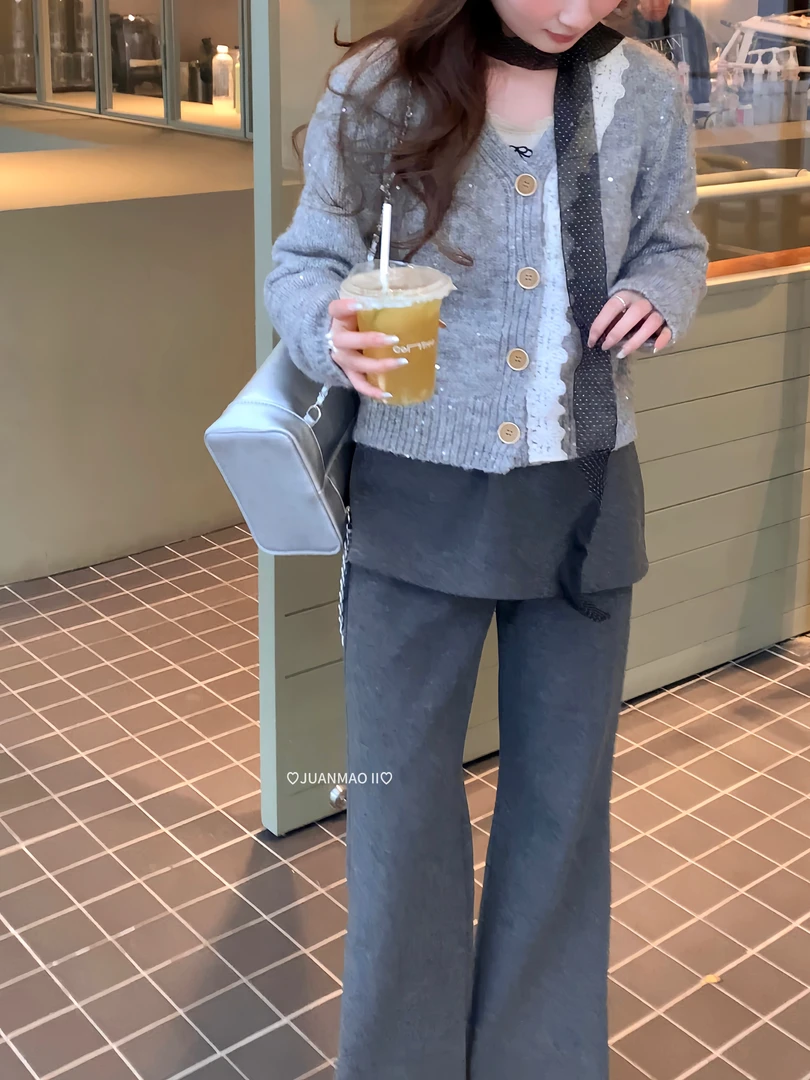 【松弛有度】灰色阔腿裤女秋冬加厚高腰垂感直筒小个子韩系休闲裤