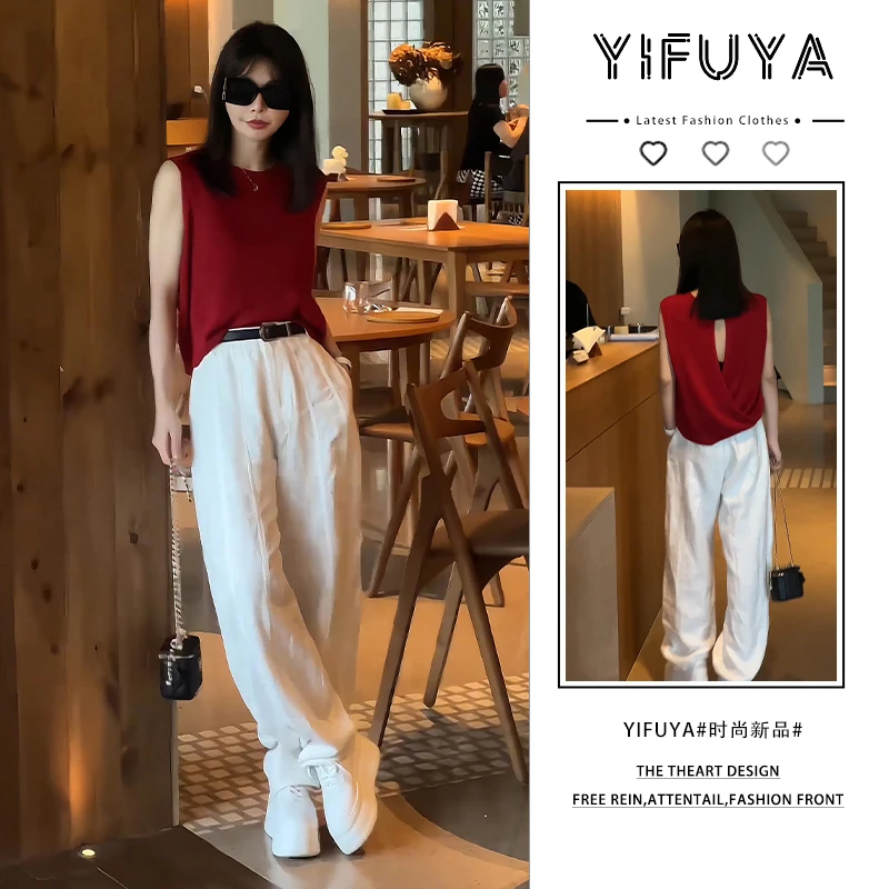 2025年夏季红色小众设计感上衣白色阔腿裤微胖显瘦气质穿搭两件套