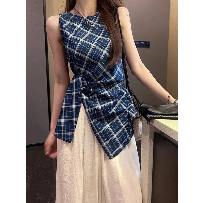 法式复古撞色格纹无袖背心女夏季不规则开叉收腰别致绝美吊带上衣