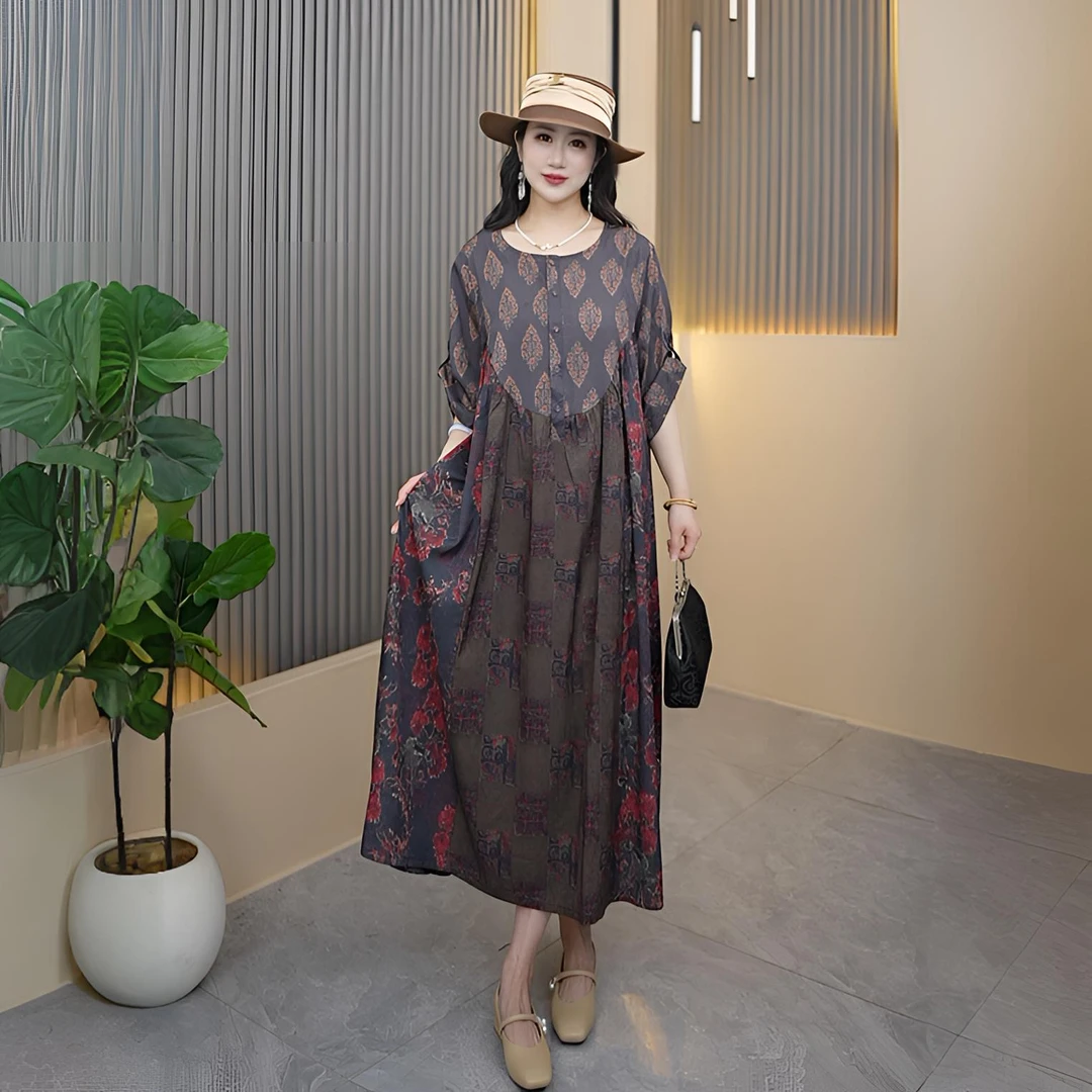 姹紫嫣红新中式女装连衣裙显瘦气质中国风中长款花萝提花大码裙子