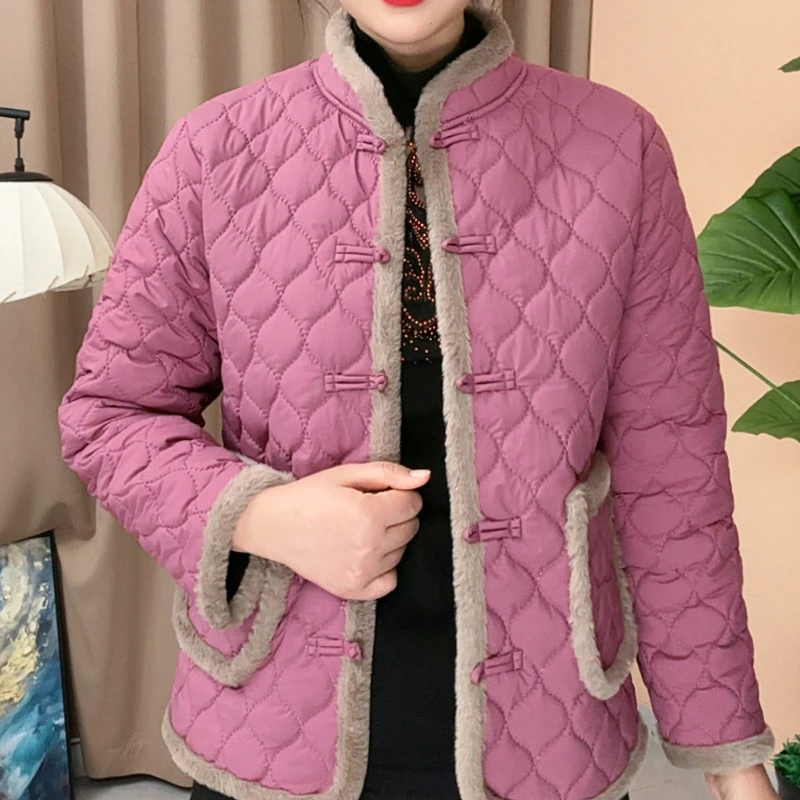 秋冬新款女加绒加厚小棉袄洋气立领中年人冬季棉衣新中式保暖外套