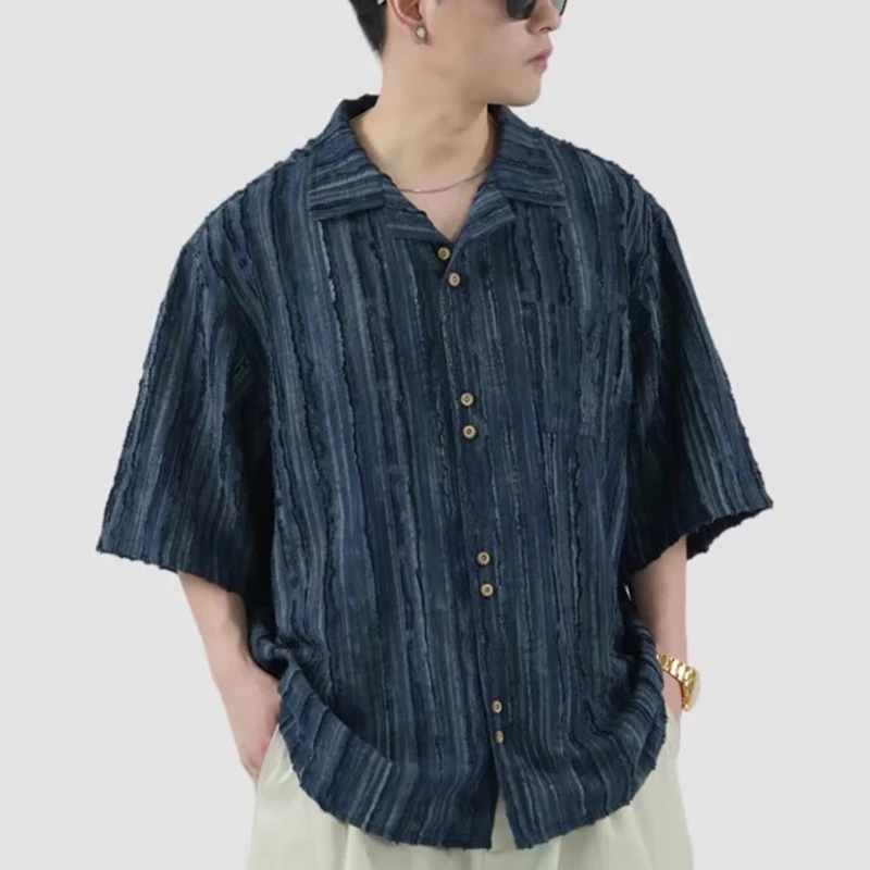 2025新款夏季复古藏青色肌理感短袖衬衫高级感潮牌气质百搭衬衣男