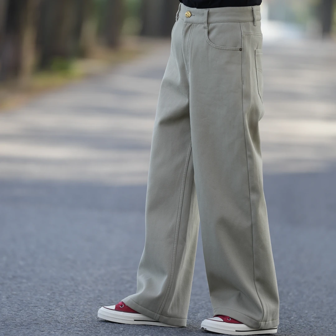 【0784】加绒经典卡其色冬季新款高腰显瘦复合绒保暖牛仔裤阔腿裤女