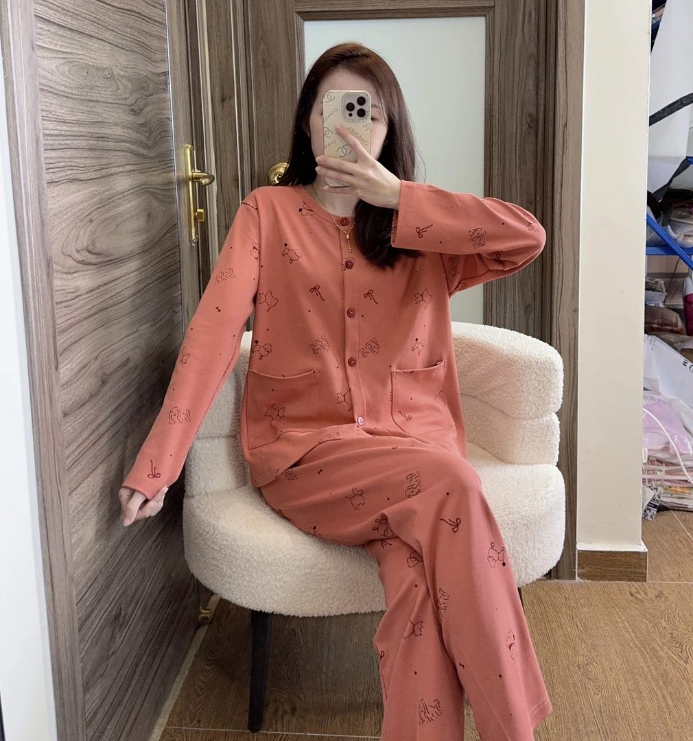 C春秋带胸垫开衫女士双面棉长袖长裤套装 时尚西瓜红富贵小狗狗