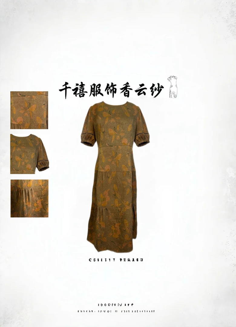 【千禧服饰】1334唯美气质高尚印花花萝桑蚕丝香云纱连衣裙