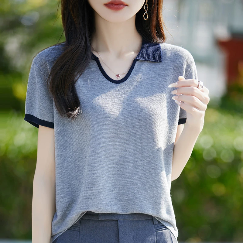 60支精纺桑蚕丝羊毛薄款短袖 夏季女士V开POLO领针织撞色短袖T恤