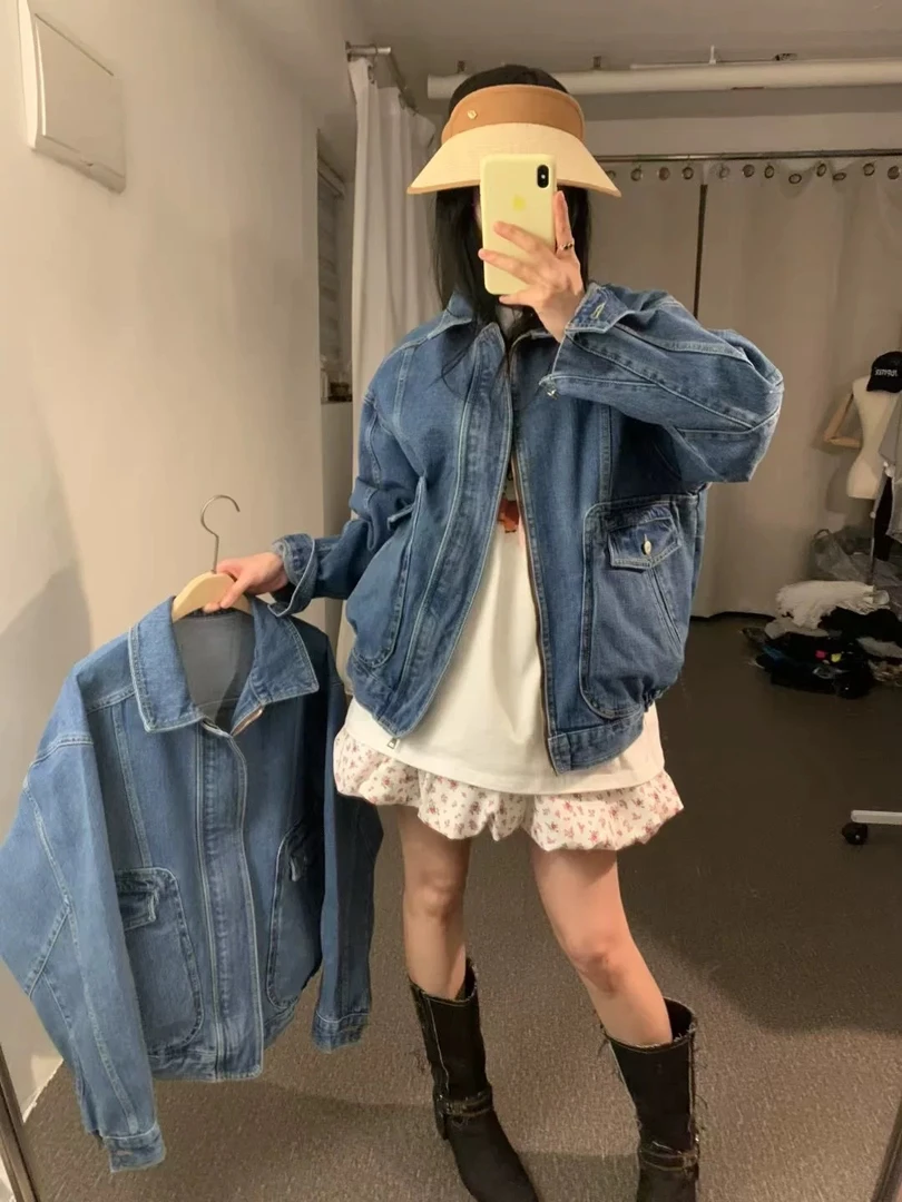 韩国东大门女装2025年春季新松弛感休闲蓝色牛仔外套（卡码拍小）