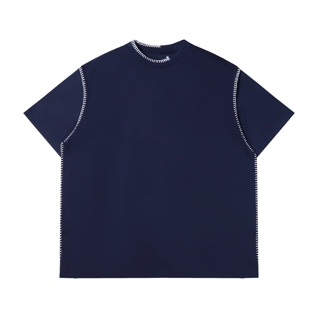 夏季高级感新款 韩版纯色撞色缝线圆领短袖T恤简约休闲宽松上衣