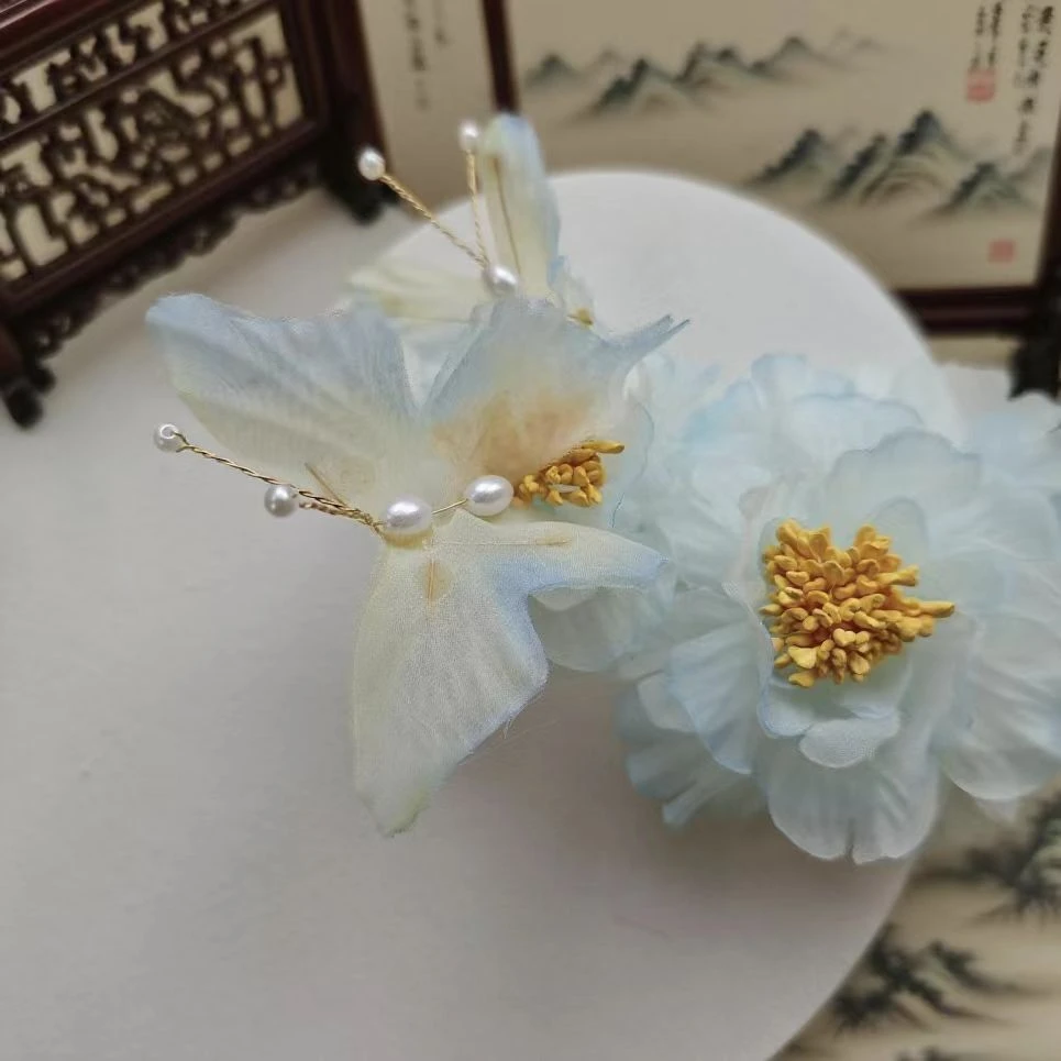 【云鬓花颜阁烫花发夹】雾蓝蝶花爆款新中式汉服纯手工古风发饰B243
