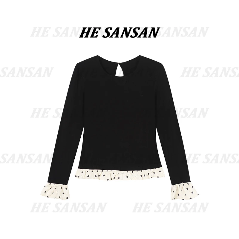 【SANSAN】早春气质轻奢拼接黑色长袖上衣DY-4373