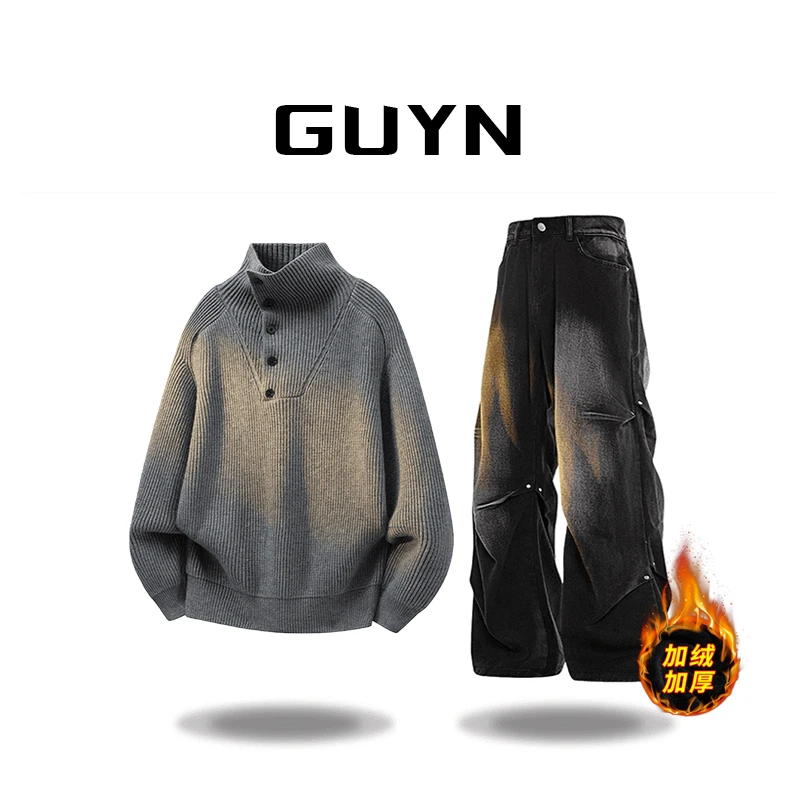 品牌正品现货】GUYN休闲针织衫男冬季半开高领休闲毛衣