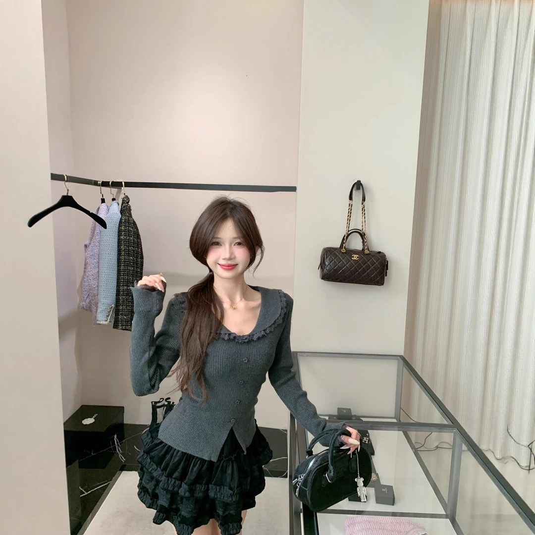 实拍韩系ins温柔风蕾丝拼接修身翻领长袖针织衫百搭短裙