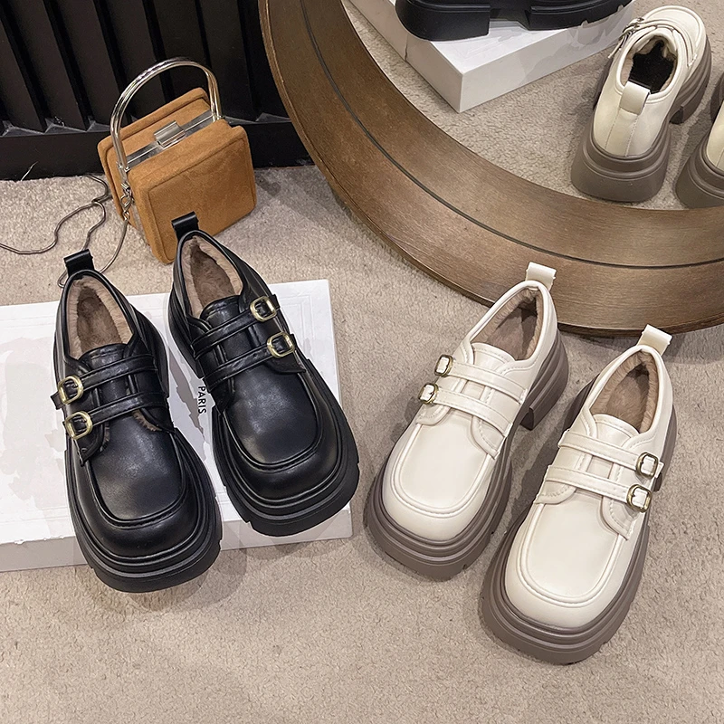 【德歌诗妮】加绒小皮鞋女秋冬2025新款复古英伦厚底jk保暖乐福棉鞋