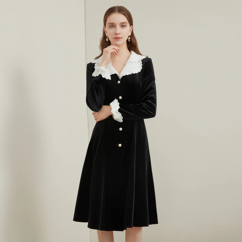 【千颂妮专享】恩曼琳冬季新品优雅设计感单排扣木耳边连衣裙女WAND