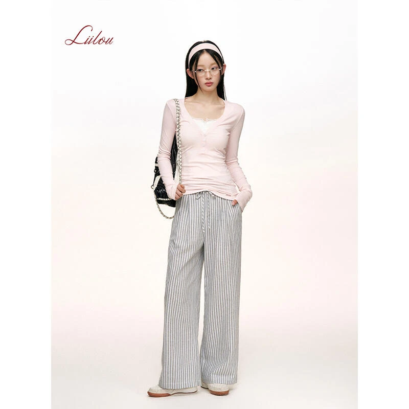 Liilou 25ss 松弛感 棉麻系带清爽竖条纹宽松直筒休闲长裤