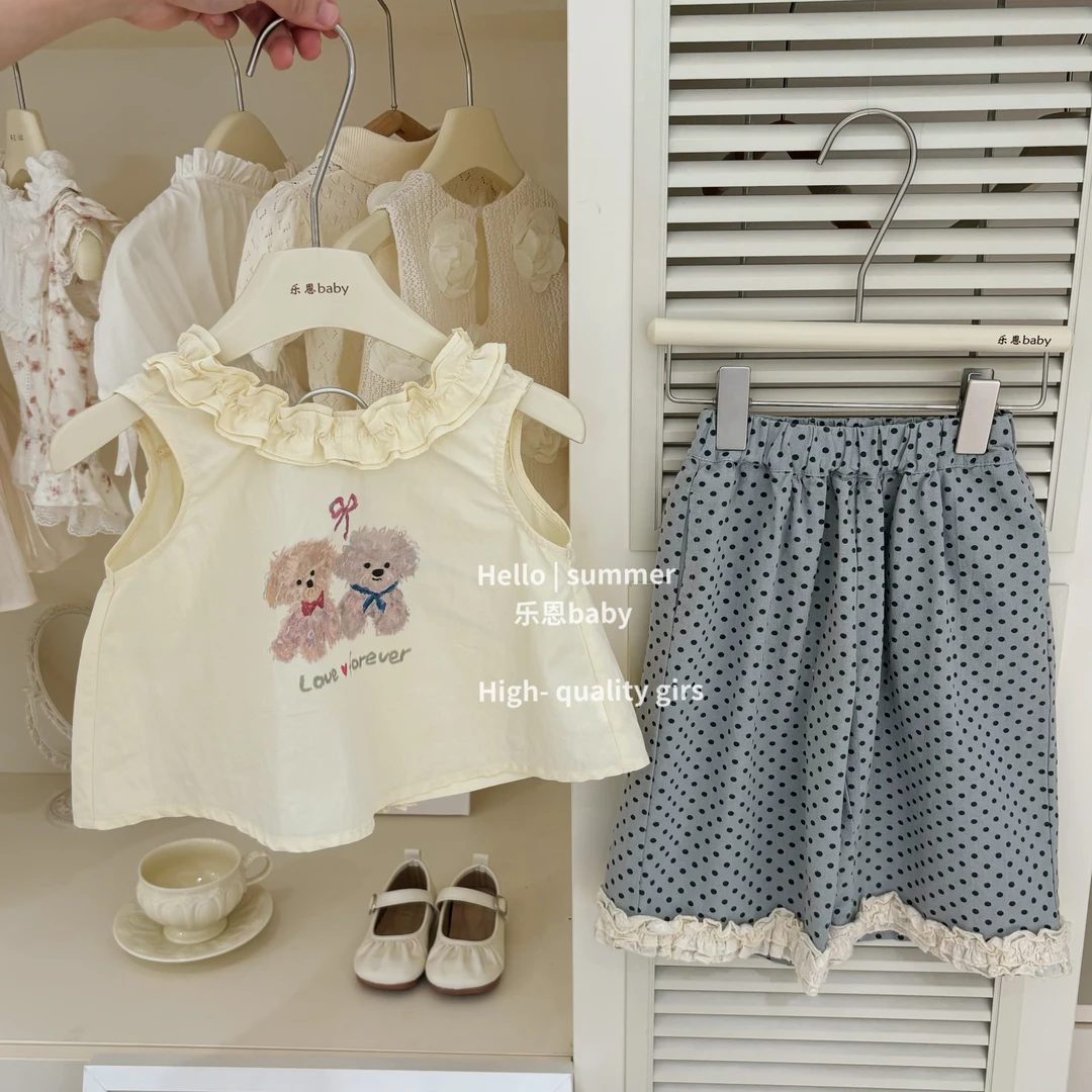 现【乐恩baby】女宝宝夏季外穿洋气百搭米色花边背心波点花边裤套装