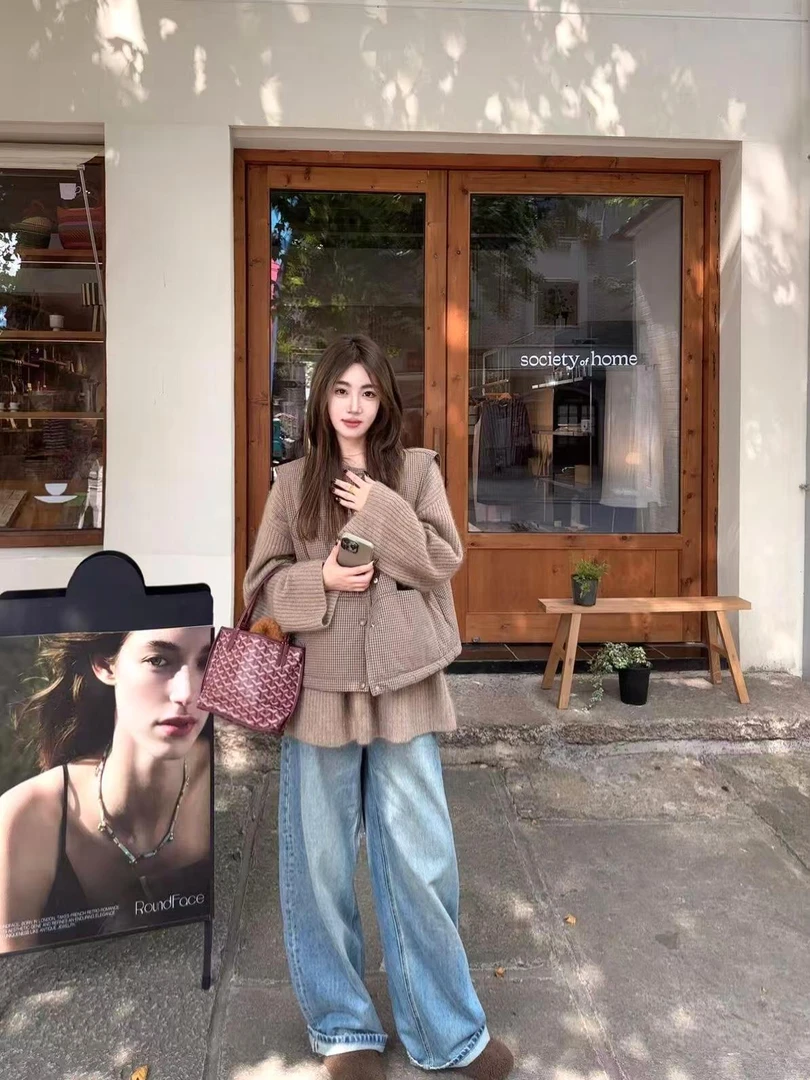 法式慵懒风休闲穿搭女2秋季复古棉服马甲背心针织套头毛衣两件套