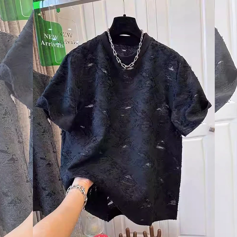 设计感蕾丝钩花破洞纯色T恤上衣女装夏季新款大码宽松小众体恤潮