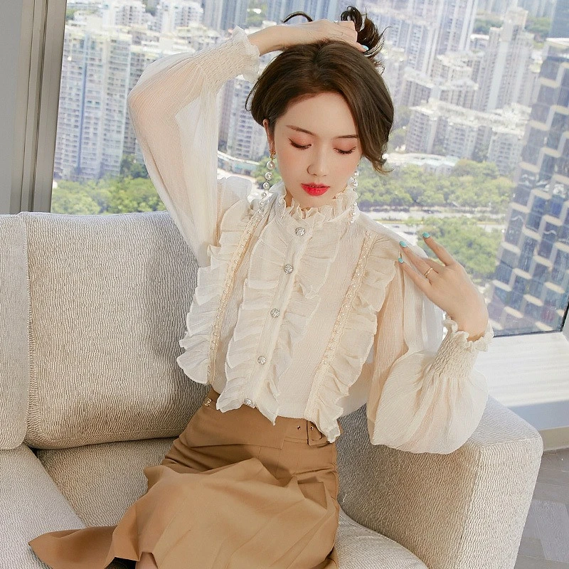 荷叶边气质小衫女春季2025新款法式宫廷风上衣木耳边立领长袖衬衣
