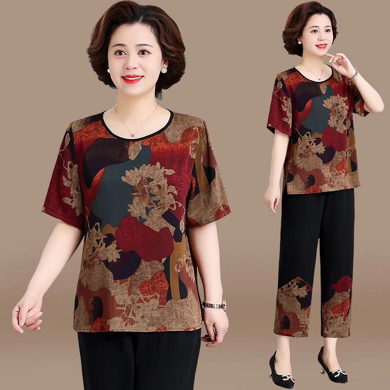 冰丝夏装妈妈套装女老奶奶洋气中老年人时尚T恤上衣+九分裤两件套