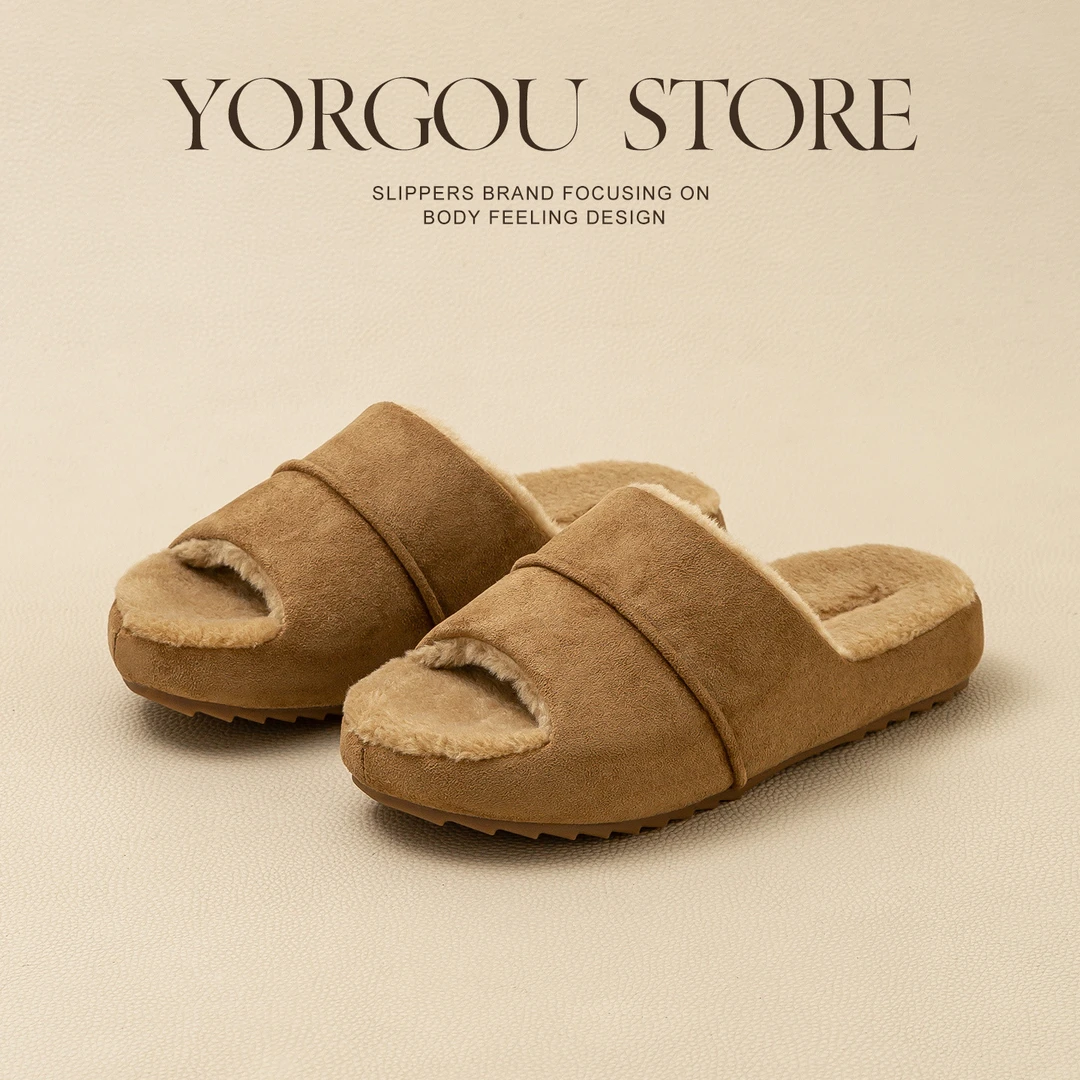 远港可外穿毛绒开口棉拖鞋女秋冬室内居家加绒保暖2025新款牛筋底