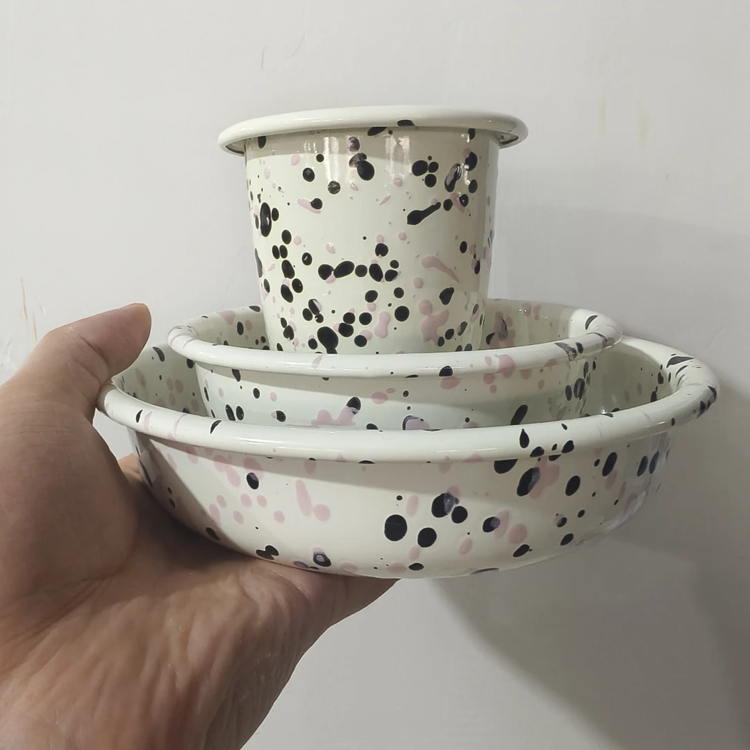 【组合款】盘子+碗+锥形杯黑粉泼墨陶瓷搪瓷餐具组合套装家用高颜值