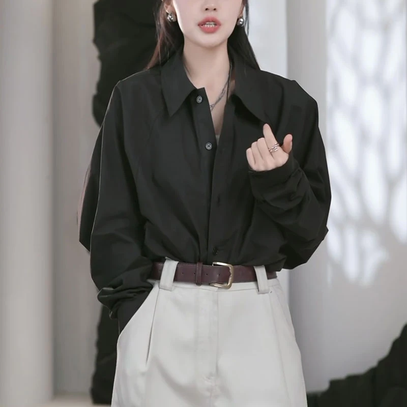 早春新款极简风百搭纯色Polo领衬衫小众抽褶超显瘦单排扣开衫上衣