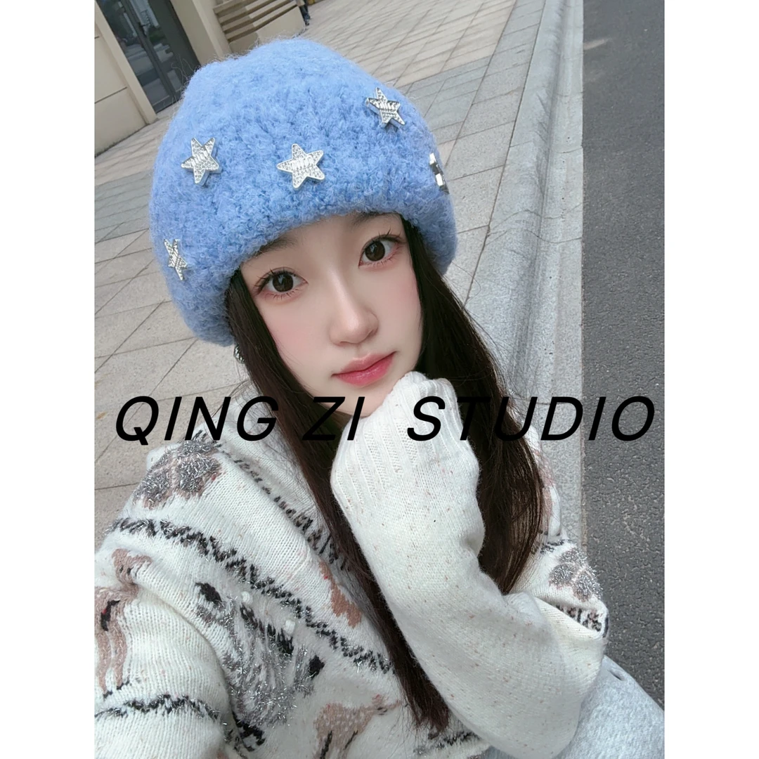晴子-甜美少女感星星圈圈纱羊毛针织帽大头围显脸小保暖加厚帽子