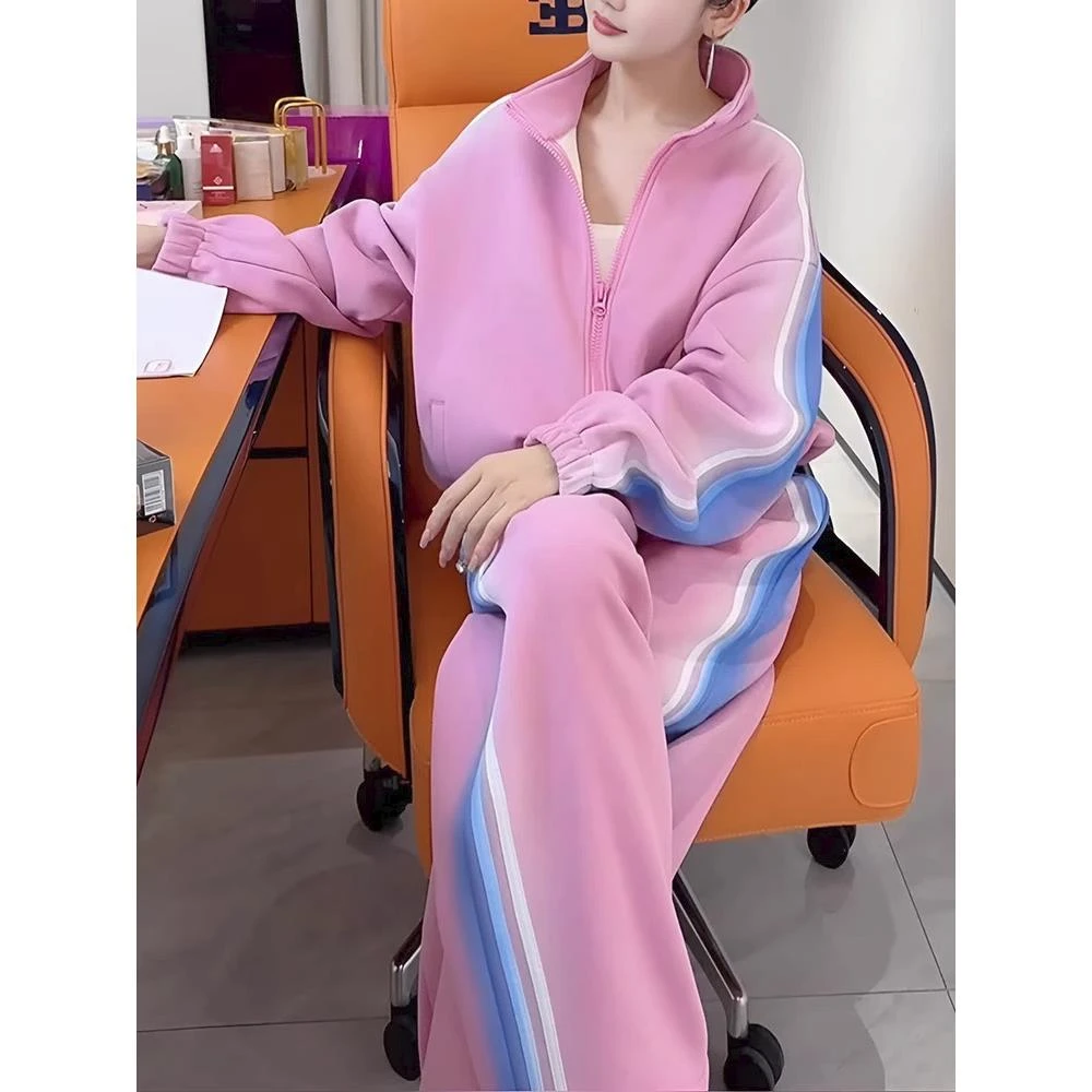 今年流行休闲直筒长裤运动套装拉链开衫粉色简约长袖卫衣两件套女