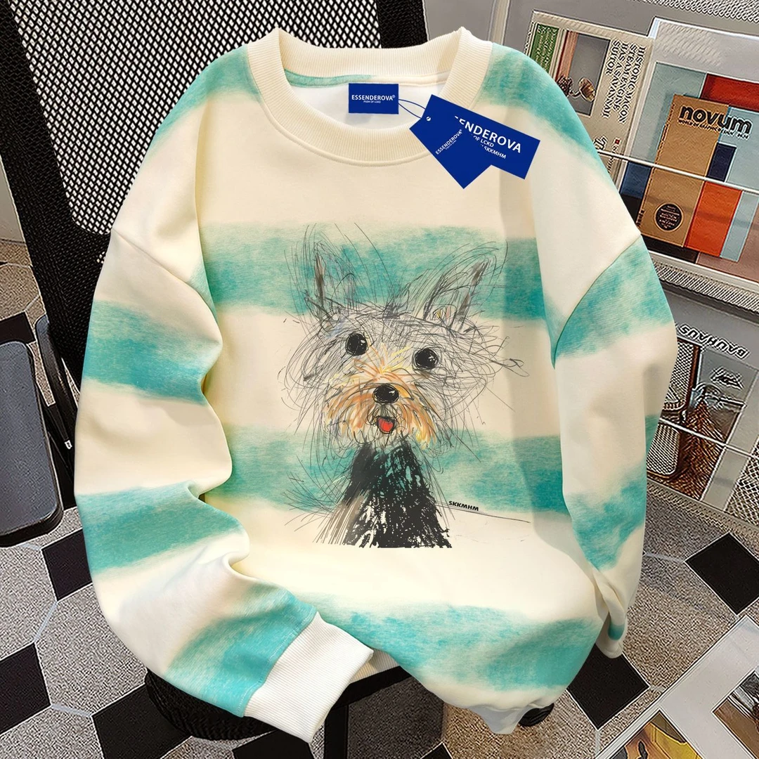 简约可爱扎染横条圆领卫衣男女秋冬季加绒加厚宽松显瘦爆款上衣服