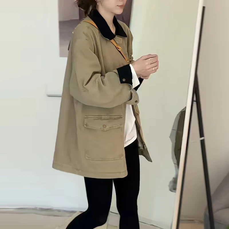小众高级感口袋小个子外套女2025秋新款时尚纯色宽松长袖翻领开衫