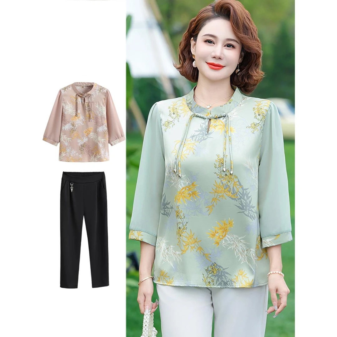 妈妈春秋装七分袖套装洋气2025新款50岁中老年女夏季短袖t恤上衣