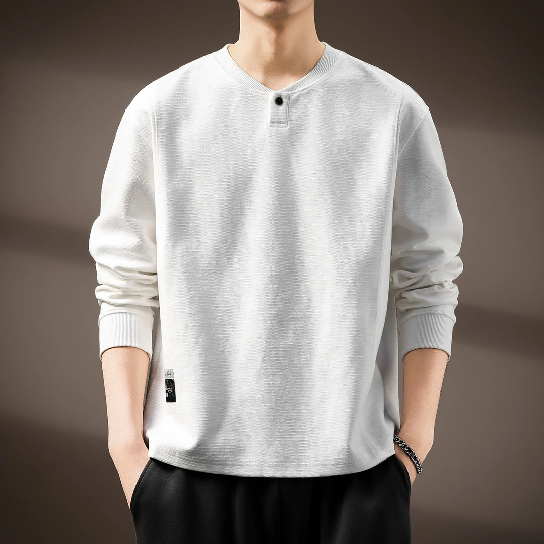 高端白色亨利领长袖T恤男秋季重磅纯色纹理感宽松打底衫百搭上衣