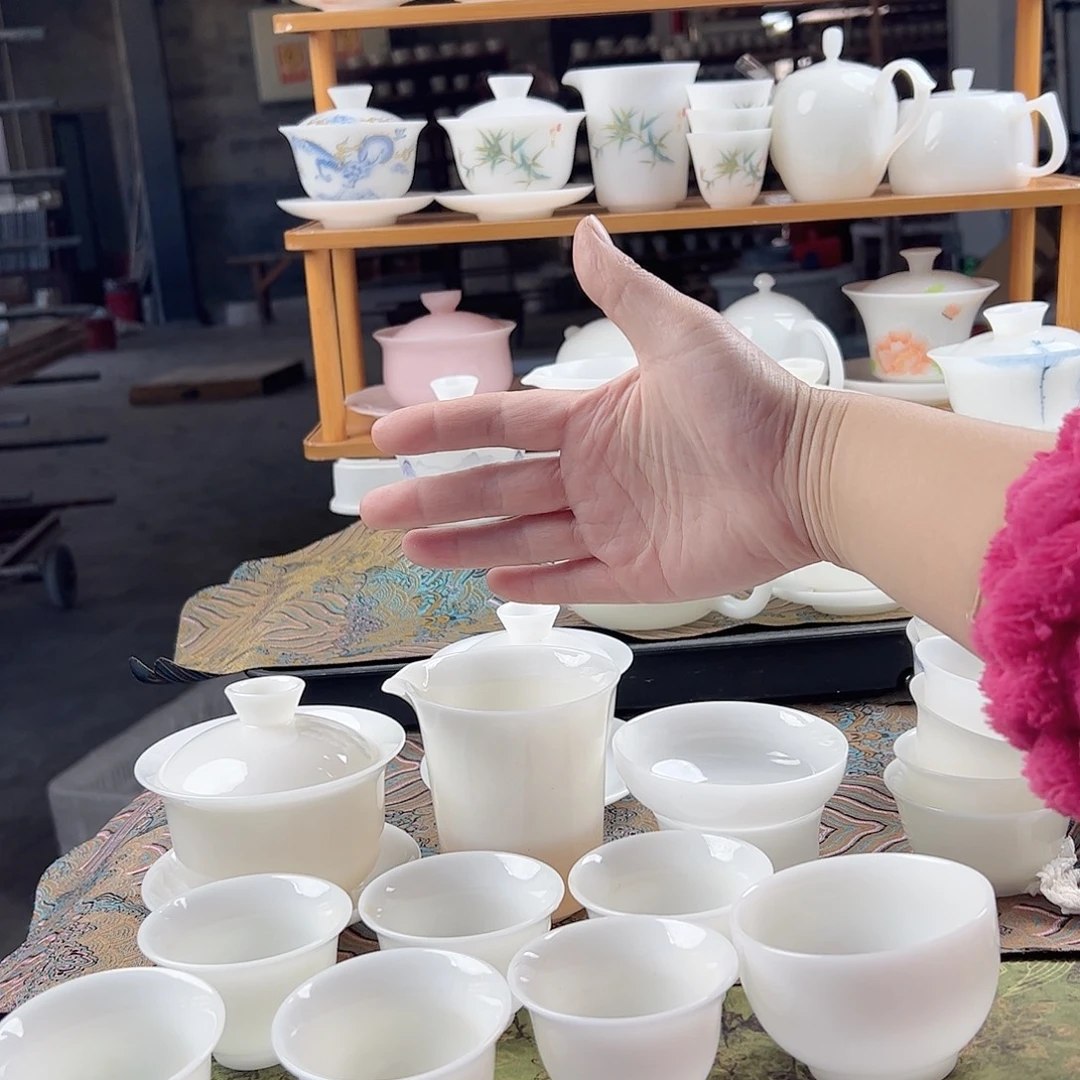 璞玉釉烧盖碗180ml茶海过滤组6个60ml反口杯罗汉杯