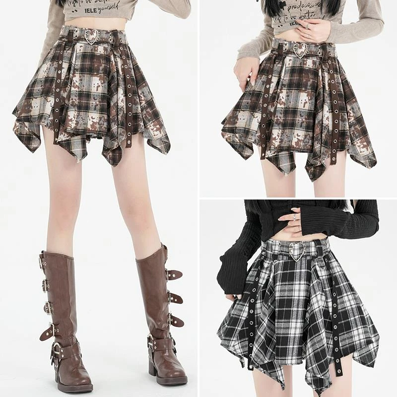 不规则格子半身裙女2025新款春秋复古A字显瘦辣妹设计感小众短裙