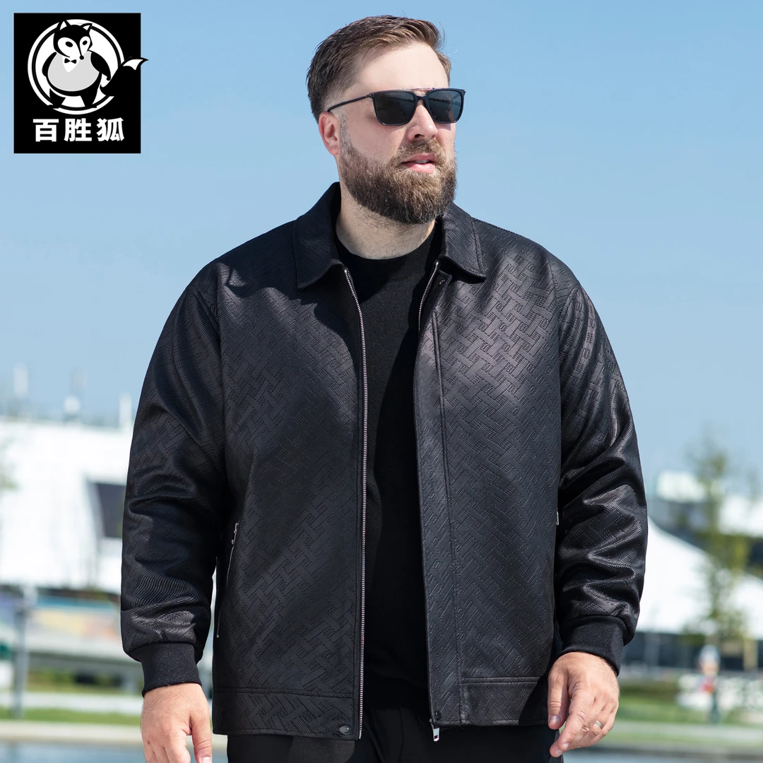 百胜狐肌理感皮衣夹克男2025秋新款胖子加肥爆款宽松休闲翻领外套